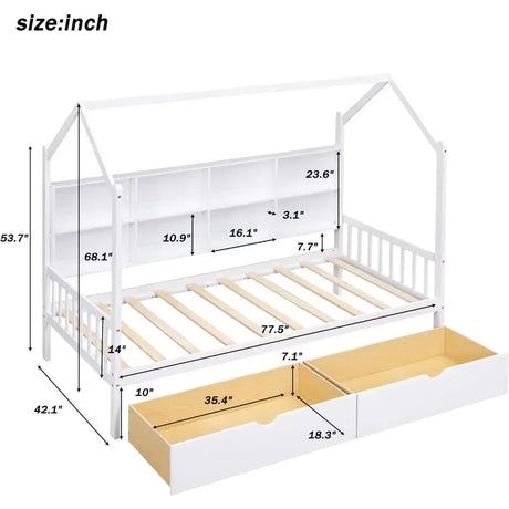 Twin Room Bed with Drawers for Children, Wooden Children's Bed Frame with Roof Design, Suitable for Boys, Girls (twin, White)