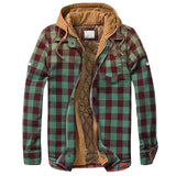 Men's Quilted Lined Button Down Plaid Shirt Add Velvet To Keep Warm Jacket With Hood