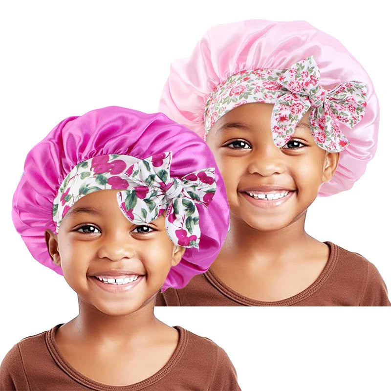 2PCS/LOT Baby Elastic Wide Edge Satin Nightcap Cute Printed Bandage Solid Color Hat Kids Bow Home Cap Multifunction Children Hat