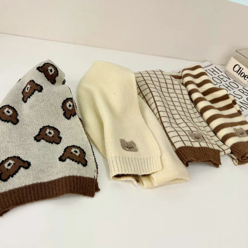 Winter Knitted Scarf For Children Warm Long Scarves Cute Plaid Striped Bear Boys Girls Neck Scarf Shawl Korean Style