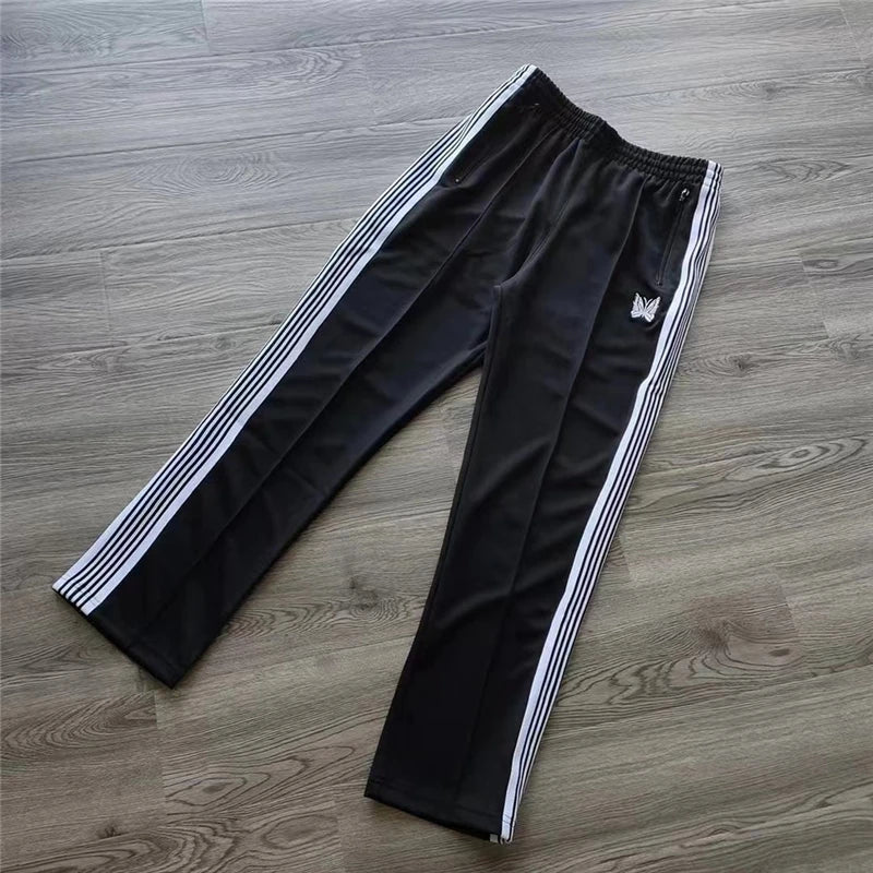 New style  Purple Stripe Needles Sweatpants Men Women White Embroidered Butterfly Awge Needles Drawstring Track Pants