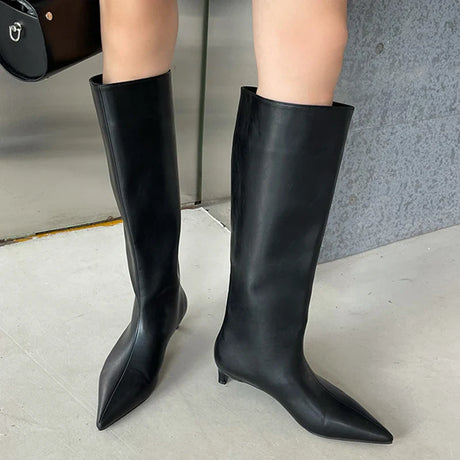 New Brown High Modern Boots For Women Female Shoes 2023 Fashion Square Luxury Low Heel Pointed Toe Ladies Knee Western Boots