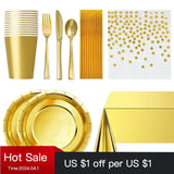 Disposable Cutlery Kraft Paper Plates Golden Cup Tableware Cake Paper Plate Napkins Straw Birthday Wedding Theme Party Decor