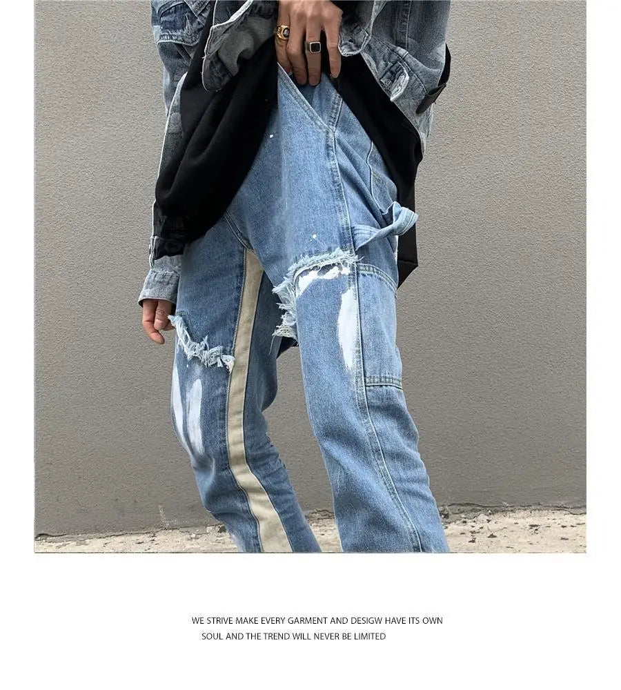 Jeans high street do old brush paint hand-painted stitching jeans men and women vibe wind straight loose micro flared pants