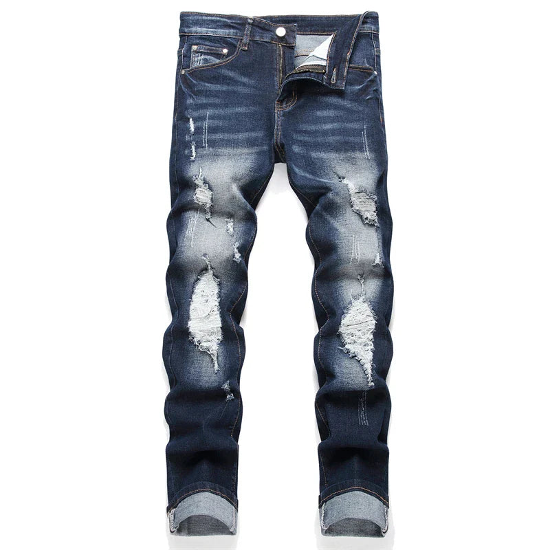 Fashion Street Style Ripped Skinny Jeans Men Vintage wash Solid Denim Trouser Mens Casual Slim fit  Black Blue denim Pants