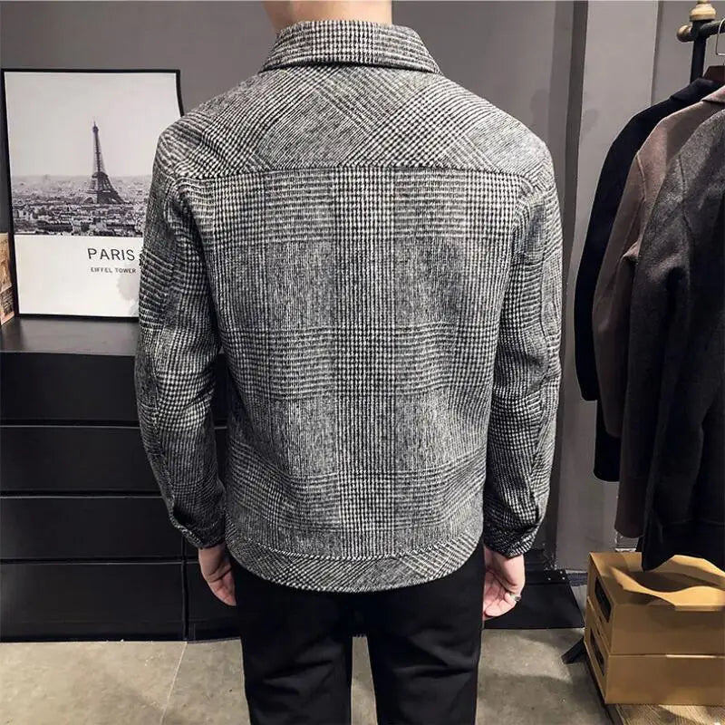 2023Autumn/Winter Men Polo Neck Woolen Jacket Fashion Slim Fit Suit Coat HighQuality Checkered Multi Pocket Korean Casual Jacket