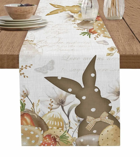 Easter Bunny Spring Flowers Linen Table Runner Washable Dresser Scarves Table Decor Festival Wedding Kitchen Decor Table Runner