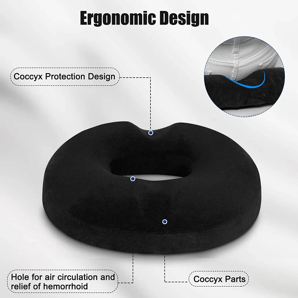 1PC Donut Pillow Hemorrhoid Tailbone Cushion – Large Black Seat Cushion Pain Relief for Coccyx, Prostate, Sciatica, Pelvic Floor