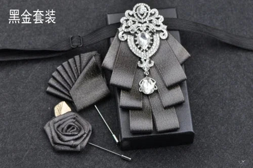 Luxury Black Rhinestone Bow Tie British High-end Men's Boy Business Wedding Suit Shirt Collar Flowers Sets Handmade Jewelry Gift