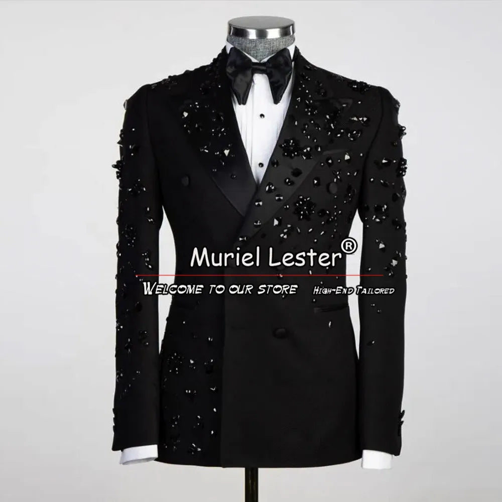 Elegant Wedding Suits For Men Metal Embellished Beading Blazer Set Formal Party Prom Groom Wear Tuxedo Male 2 Pieces Dress Black