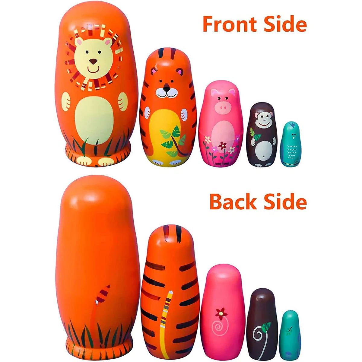 5 Pieces Cute Nesting Dolls - Handmade Wooden Different Pattern Animals Pattern Toy Gift