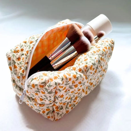 1PC Flower Printed Puffy Quilted Zipper Makeup Bag Storage Organizer Toiletry Handbag Cosmetic Pouch Large Travel Cosmetic Bag