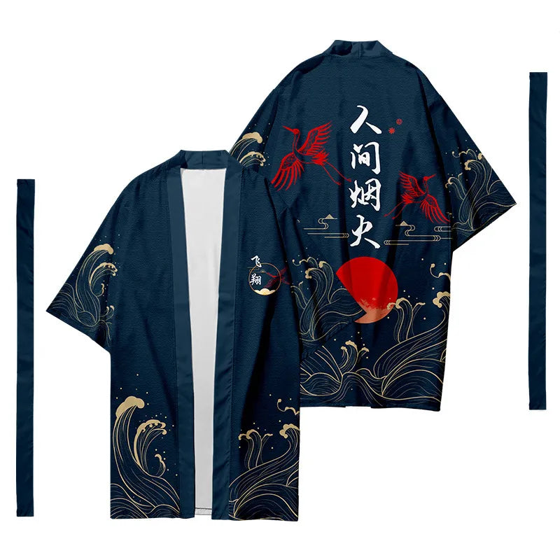 Men's Japanese Long Kimono Cardigan Men's Samurai Costume Kimono Fireworks Pattern Kimono Shirt Yukata Outer Cover