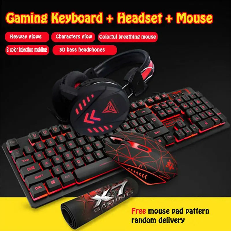 4Pcs/Set K59 Mechanical Wired USB Keyboard Illuminated Gaming Mice Mouse Pad Mat Headphone for Home Desktop Computer Kit