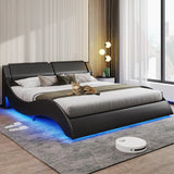 Bed Frame, Large with Headboard, Modern Upholstered Platform, LED Bed Frame, With LED Lights, Wavy Curve,Large Thin Platform Bed