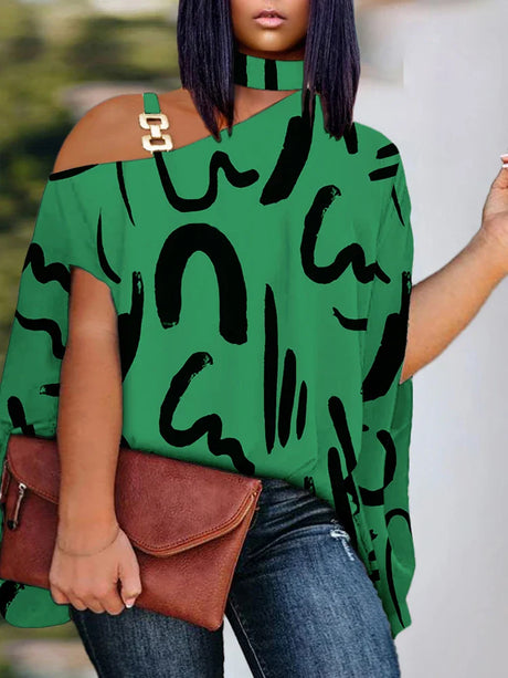 Plus Size Elegant Top, Women's Plus Graffiti Print Asymmetrical Shoulder Chocker Design Top