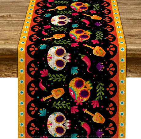 Mexican Day of The Dead Linen Table Runners Kitchen Dinning Table Decor Sugar Skull Table Runners for Dining Party Decor