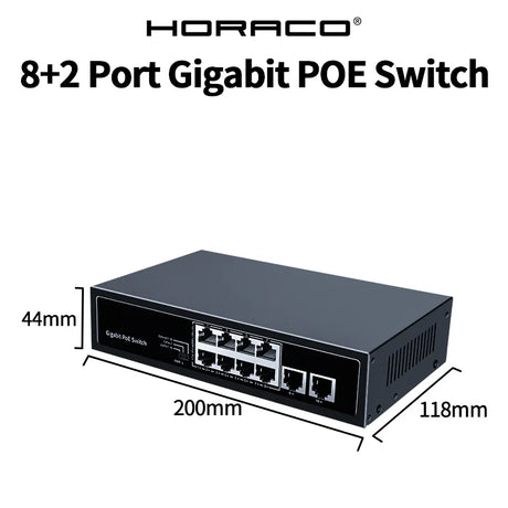 HORACO 8 Port 1000Mbps POE Switch 2 Gigabit Uplink 1000BASE-T RJ45 Networking Switcher 96W Hub Internet Splitter Plug and Play
