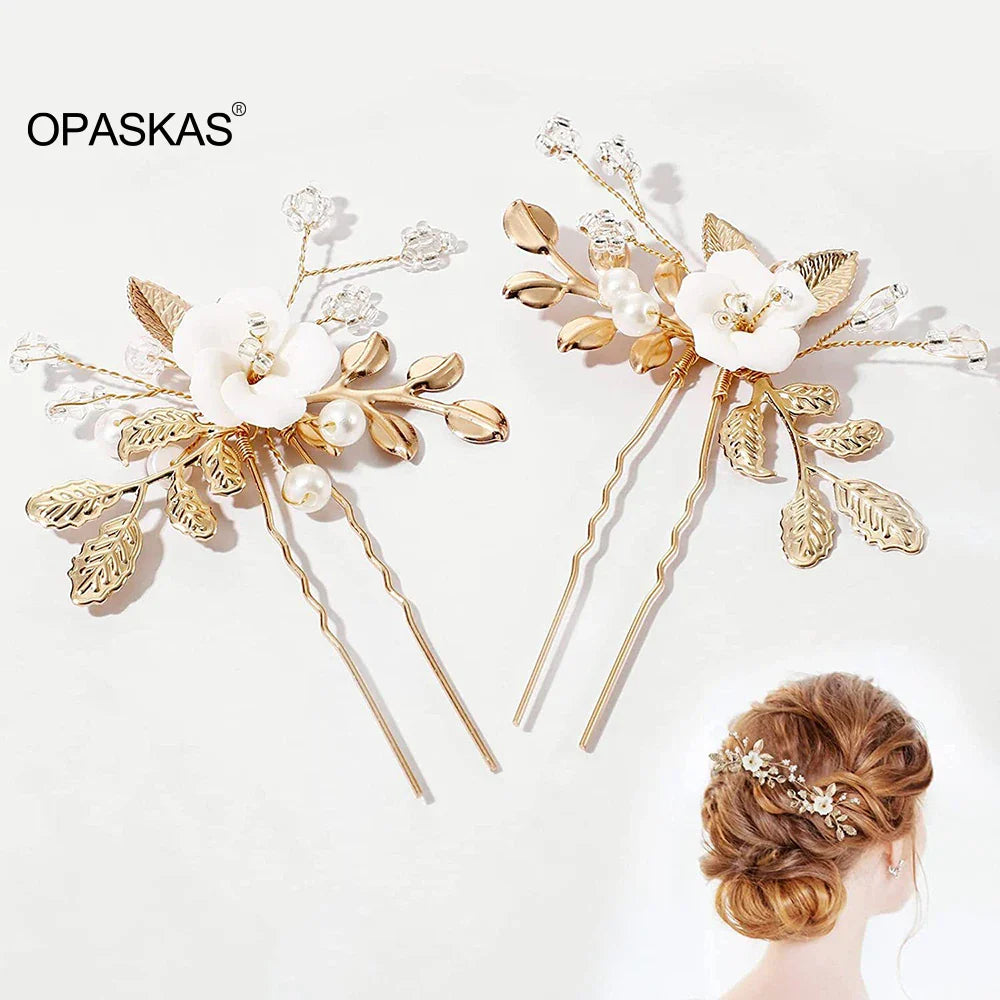 U-shaped Pearl Hairpin Hair Clips Golden Leaf Side Pin Fashion Party Girls Crystal Tiaras Wedding Hair Jewelry Marrige Headdress