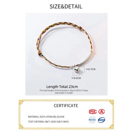 La Monada 23cm 925 Sterling Silver Colorful Rope Bracelets Heart Colorful Thread Line String Jewelry Bracelets For Women Girls