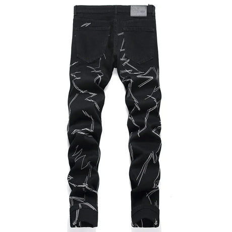 Men Embroidery Black Denim Jeans Streetwear Punk Slim Tapered Pants Casual Stretch Trousers