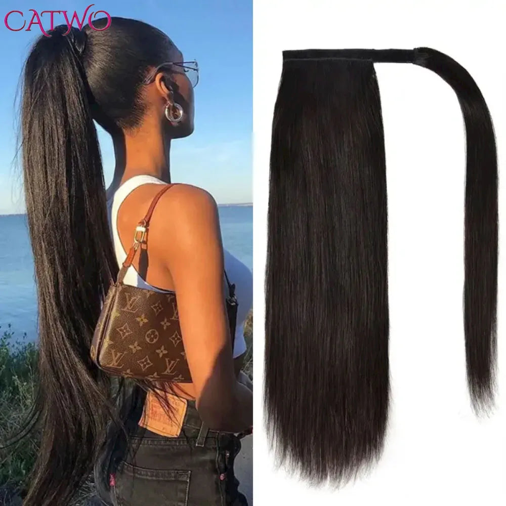 CATWO Ponytail Human Hair Wrap Around Bone Straight Brazilian Remy Hair Extensions 8-30 Inches Clip Ins Natural Color Hairpiece