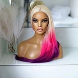 AIMEYA Ombre Purple Synthetic Lace Front Wigs for Women Platinum Blonde Roots Pink Purple Wig Long Silky Straight Colorful Wigs