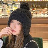 Women Pompom Ear Warmer Bonnet Fleece-lined Ear Protection Beanies Caps Knitted Hat Lace-up Winter Warm Thickened Ear Flap Hat