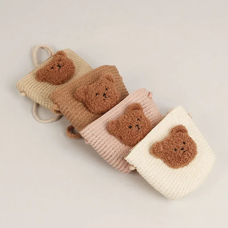 Cute Kids Shoulder Bag Summer Straw Woven Handmade Bags Mini Baby Girls Coin Purse Cartoon Bear Toddler Crossbody Bag