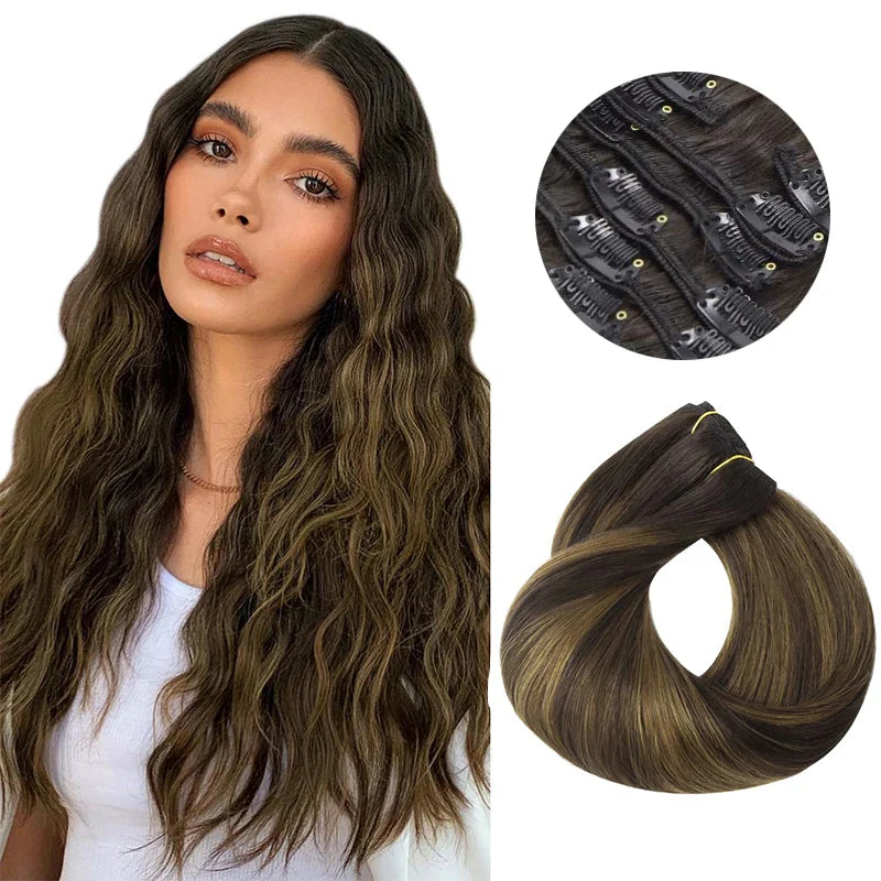 Clip In Human Hair Extensions Straight Natural Light Brown Honey Ombre Balayage Black Hair Pieces For Women Clip-in Full Head