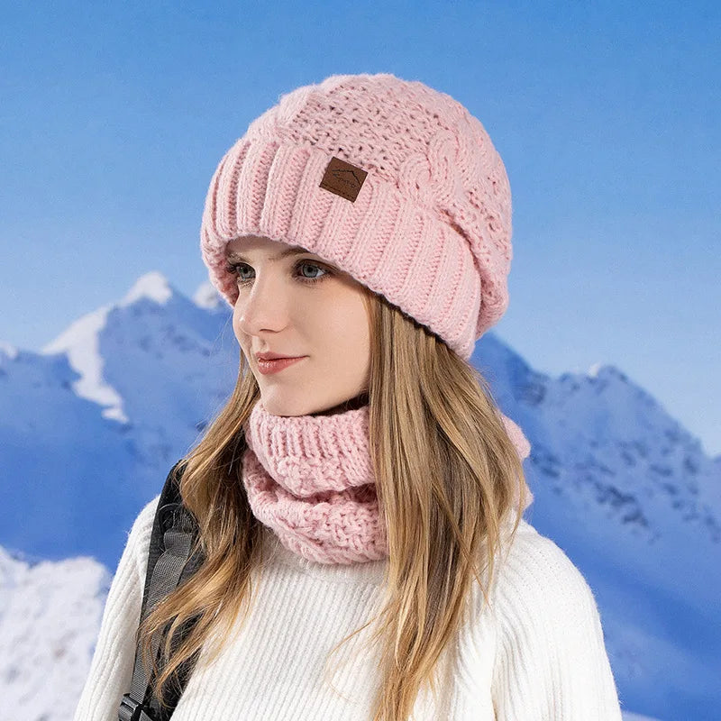 Women Fashion Winter Knitted Hat Scarf Set Fleece Lined Neck Warm Skullies Beanies Female Outdoor Thick Windproof Snow Ski Cap