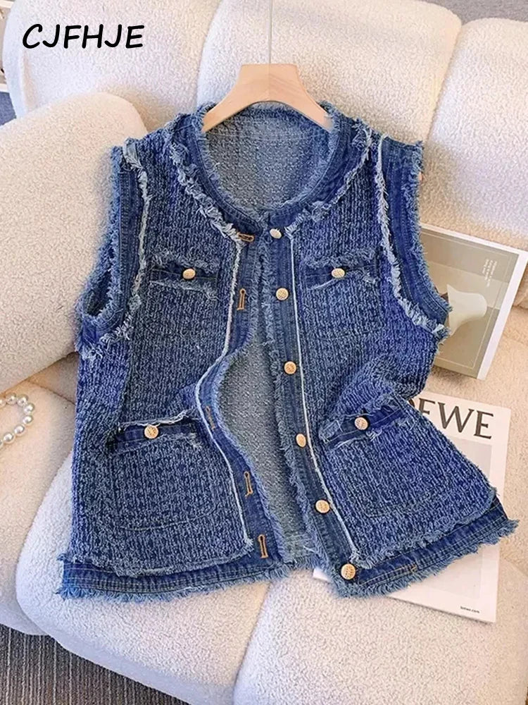 CJFHJE Blue Spring Autumn Flow Sleeveless Tank Top Coat Women Single Breasted Plaid Denim Vest Female Tassel Elegant Lady Vests