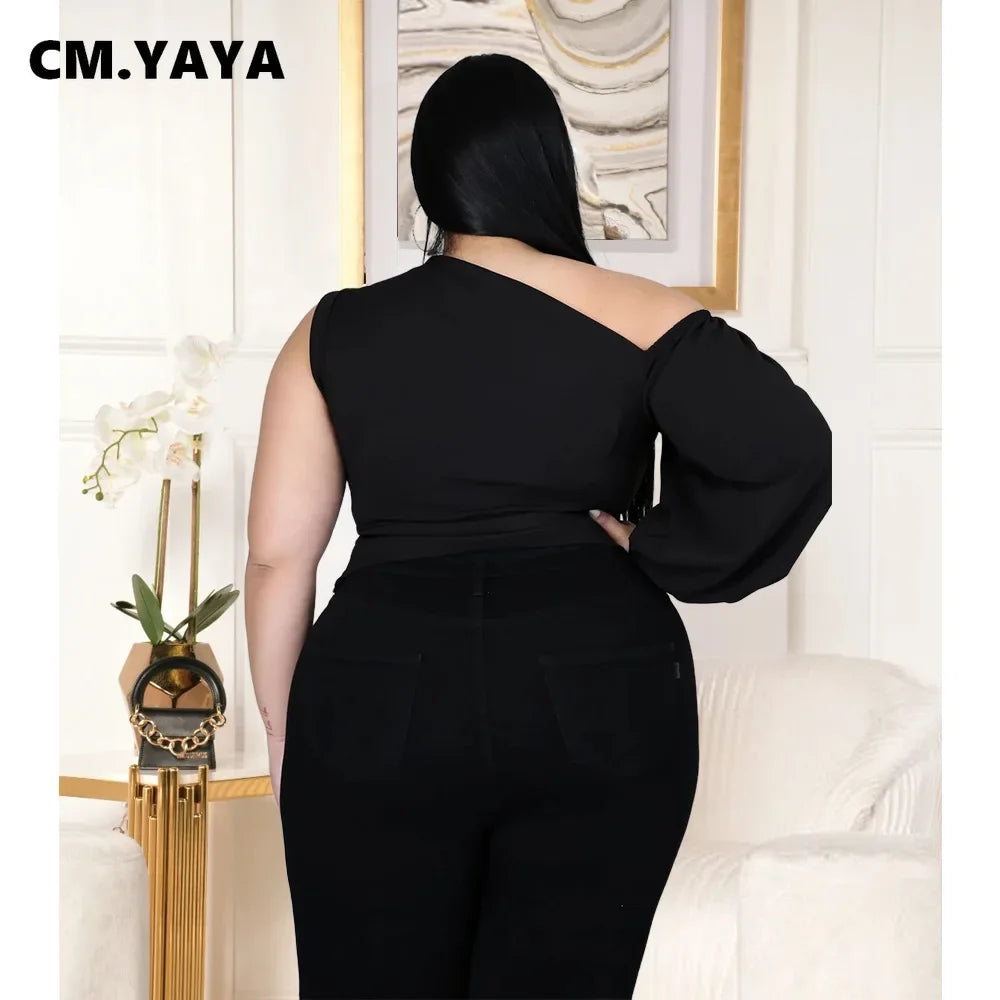 CM.YAYA Plus Size XL-5XL One Shoulder Sleeve Skew Neck Blouses and Shirt Tops