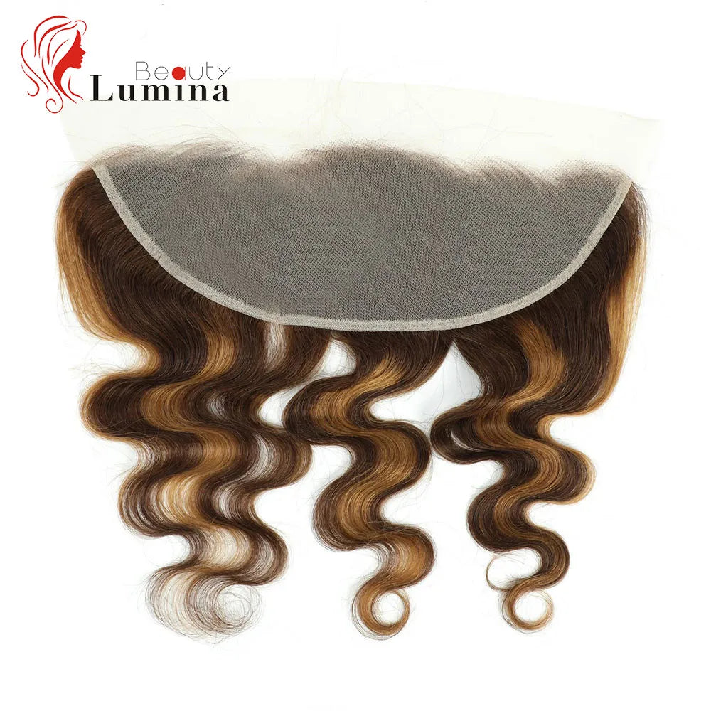 Highlight Body Wave Frontal Honey Blonde Ombre 13x4 Frontal Human Hair Transparent Lace Frontal Closure 4/27 Wavy Frontal