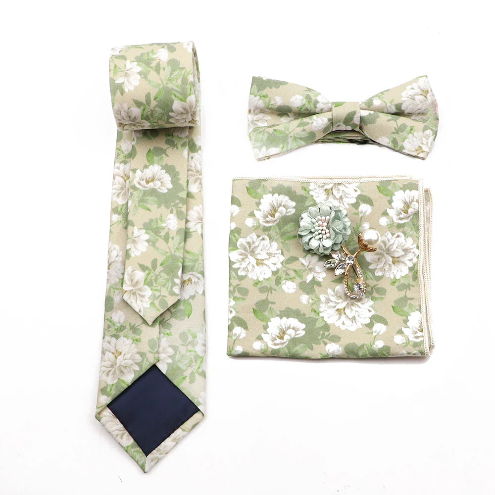 New Men's Floral Cotton Tie Three-Piece Necktie Bowtie Handkerchief Brooch For Groom Suit Wedding Cravat Shirt Accessory