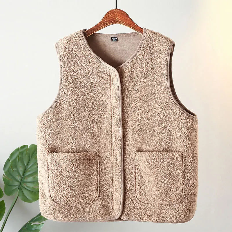 Womens Plus Size Fleece Jacket Autumn Casual Clothing Senior Sleeveless Vest Fashion Big Pocket Outwear Curve Coats T84 2363