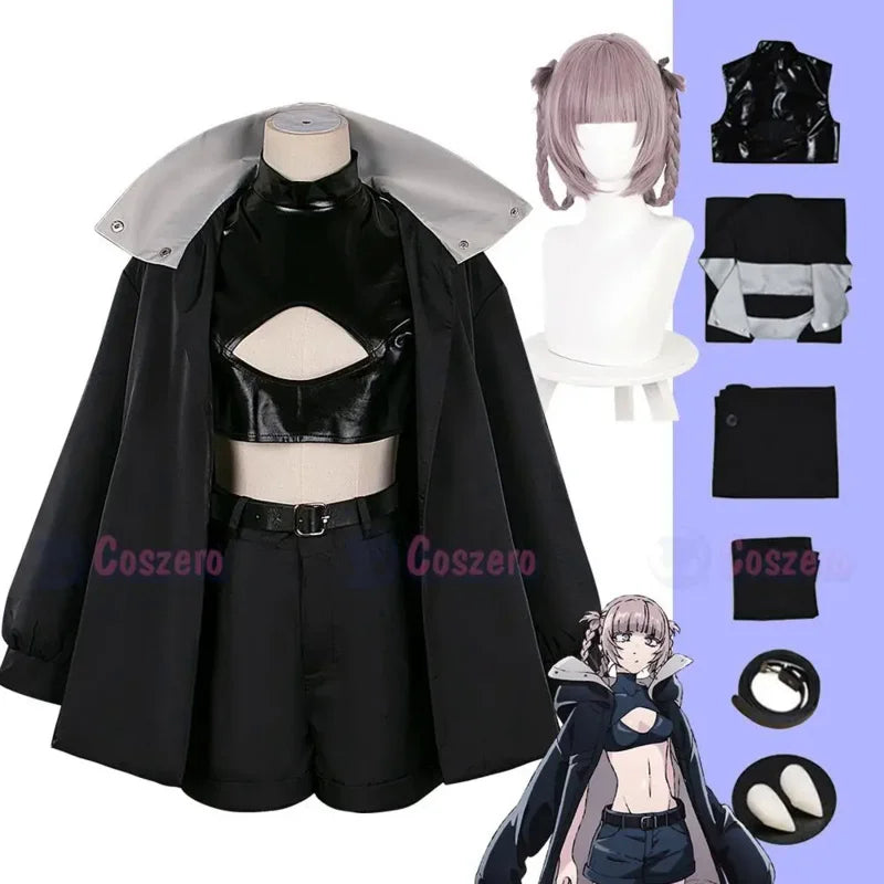 Nanakusa Nazuna Cosplay Call of the Night Costume Wig Black Cloak Jacket Leather Vest Shorts Outfit Yofukashi No Uta Women