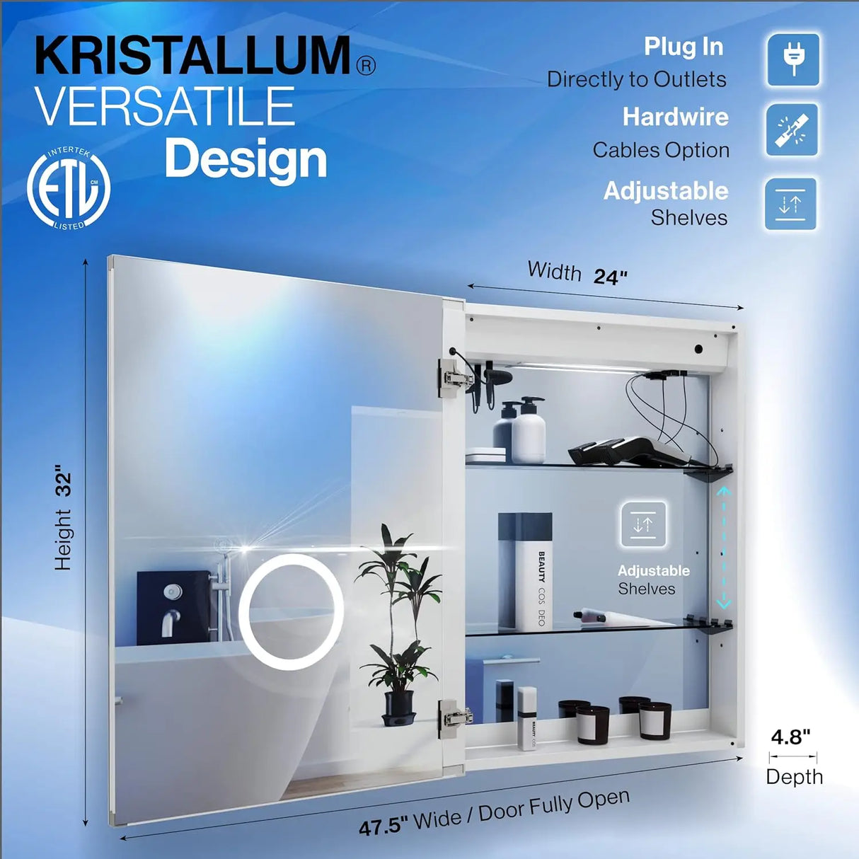 KRISTALLUM Lighted Medicine Cabinet for Bathroom - 24x32 Left Door – LED Medicine Cabinet with Lights, Wireless Remote