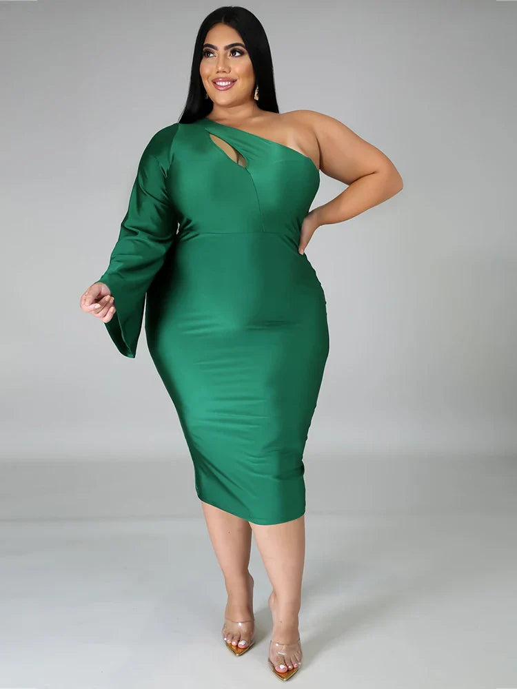 Sexy Dress Women Plus Size Party Elegant One Shoulder Long Sleeve Dress High Waist Autumn Bodycon Dress with Free Shipping