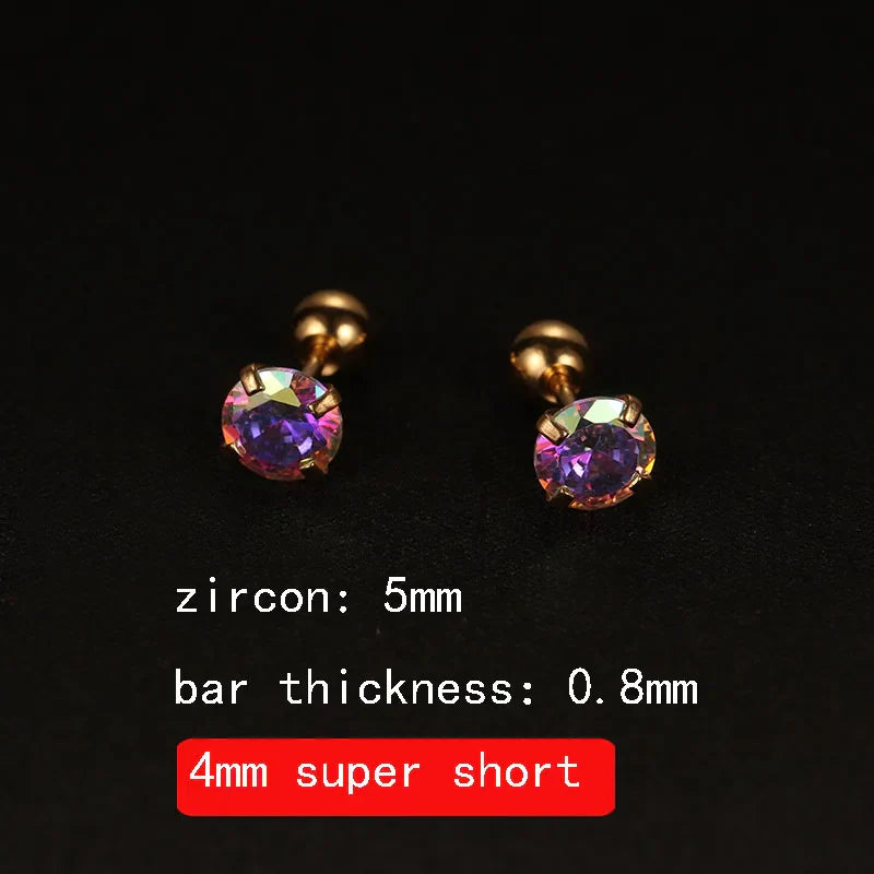 2PCS 4mm Short Ear Studs Earring Outside Upper Helix Earrings Titanium Steel CZ Crystal 3mm 4mm 5mm Mix Colors 0.8mm 20G Screw