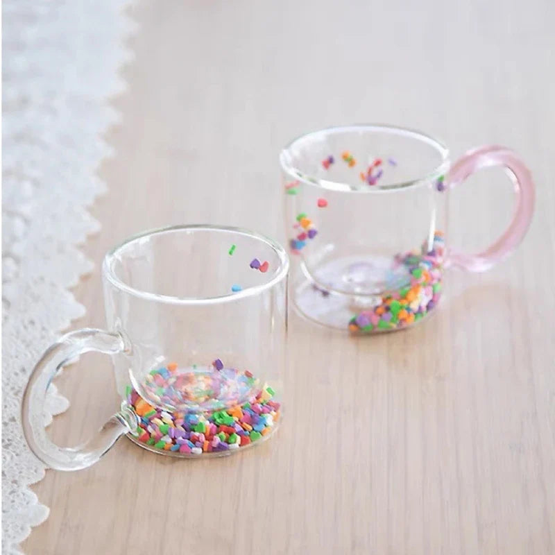 200ml Multicolor Heart Shaped Quicksand Cup Creative Double Layer Glass Cup Coffee Mug Milk Tea Juice Water Glass Drinkware