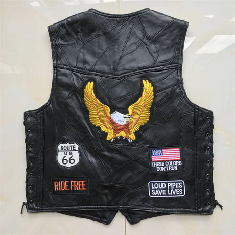 Men's Motorcycle Leather Vest Single Breasted Embroidered Sleeveless Jacket Punk Style Motorbike Waistcoat for Men Clothing