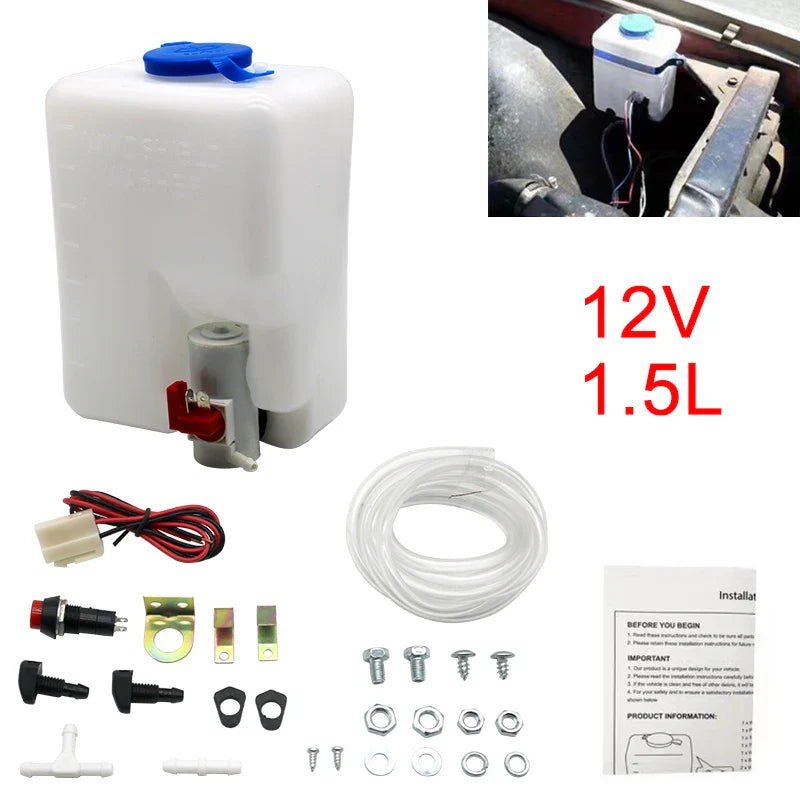 1.5L 12V Universal Windshield Washer Bottle Tank Pump Wiper System Reservoir Kit Jet Switch Clean Tool