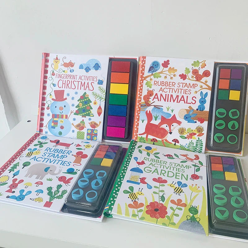 Usborne Children Fingerprint Books with Rubber Stamp Ink Pad Activities Doodling Book Kids Kindergarten DIY Craft Montessori Toy