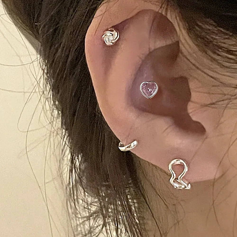 Tragus Helix Piercing Heart Earrings for Women Simple Pink Blue Zircon Silver Color Daith Lobe Ear Stud Cartilage Jewelry KAE312