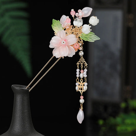 2023 New Chinese Hair Stick Girls Vintage Wedding Hanfu Decor Hairpin Flower Tassel Pearl Hair Bun Chopsticks Bride Hair Jewelry