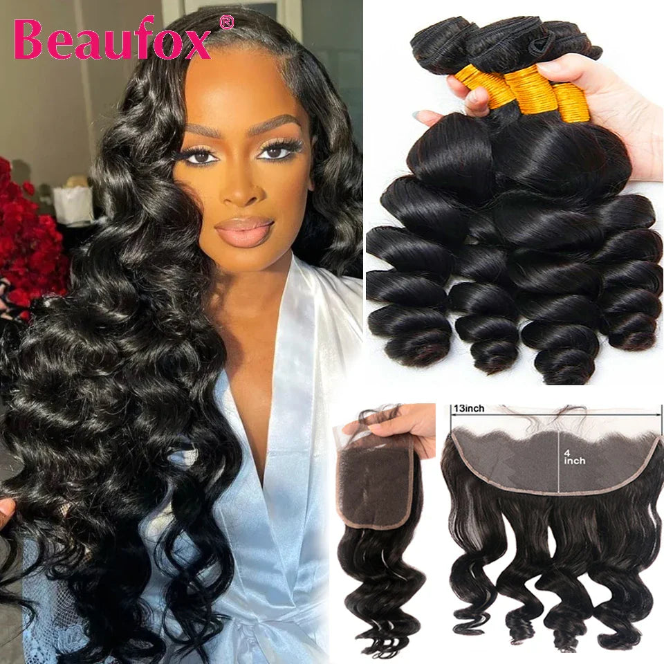 Beaufox Lace Frontal Closure With Bundles Loose Wave Bundles With Closure Indian Human Hair Bundles With Frontal Closure Remy