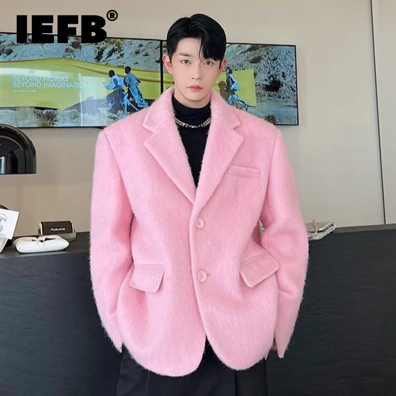 IEFB Korean Chic Male Woolen Jacket Fashion Lapel Single Breasted Pocket Coat 2023 Autumn Winter Casual Men Clothing Pink 9C2886