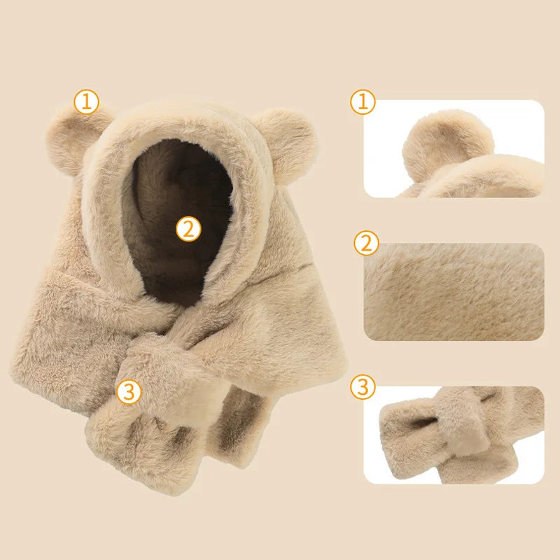 Winter Baby Hat Scarf One-Piece Faux Fur Infant Bonnet Cute Bear Warmer Neck Ears Kids Cap for Girls Boys Accessories