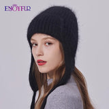 ENJOYFUR Women Winter Angora Earflaps Hat Warm Fluffy Angora Rabbit Fur Knit Hat Female Thick Fleece Lined Russian Trapper Hat